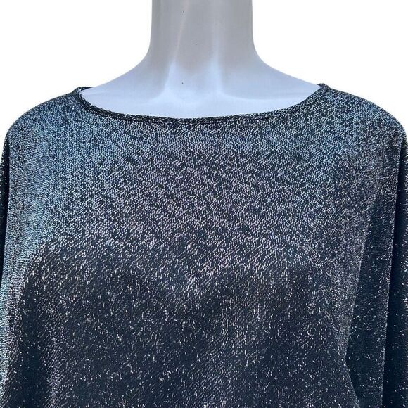 Joanna Sweater Blouse Women's Large Black Sparkly Mylar Blend Smocked Hem - Picture 2 of 16